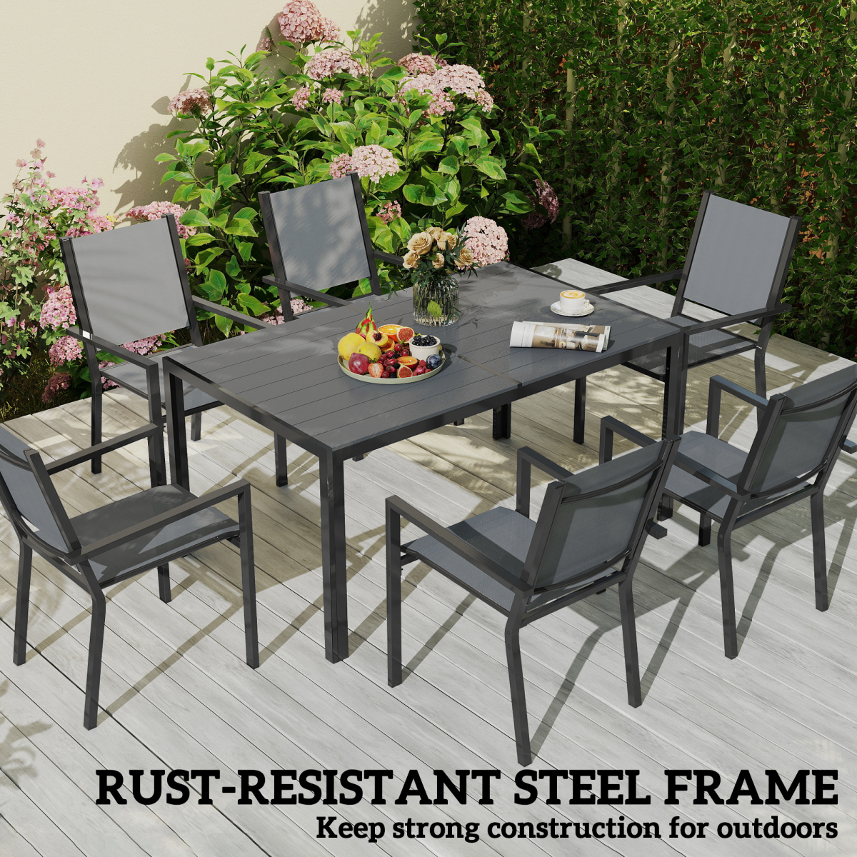 Outsunny 7 Piece Garden Dining Set with 150cm Table and 6 Stackable Chairs – Outdoor Balcony Furniture, Grey