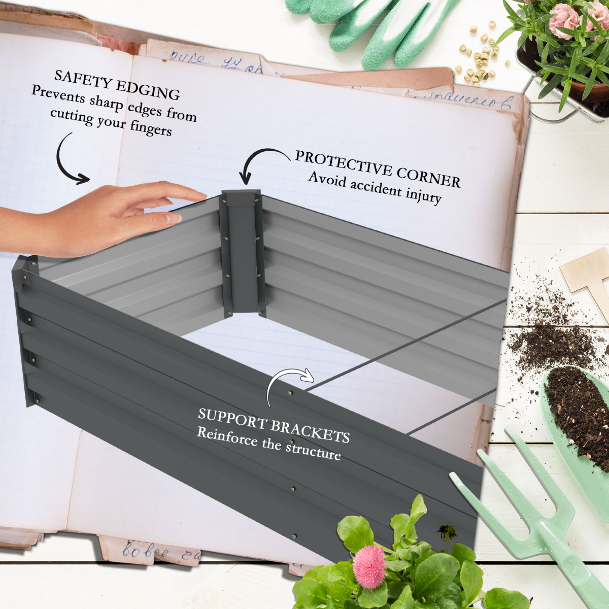 Outsunny Galvanised Steel Raised Garden Bed, 240cm Elevated Planter Box with Open Bottom, Grey