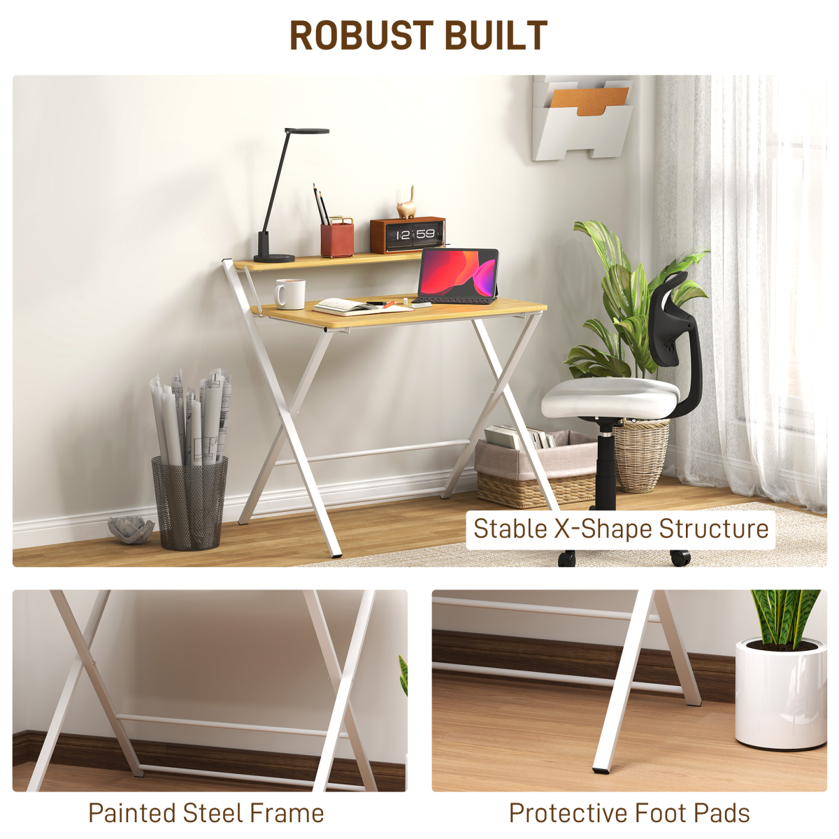 HOMCOM Folding Desk with 2-Tier Shelf – Space-Saving Home Office Computer Table, Maple Wood-Effect