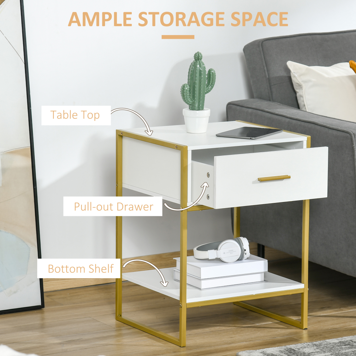 Modern Bedside Table with Drawer and Bottom Shelf – Gold-Tone Metal Frame Nightstand, White