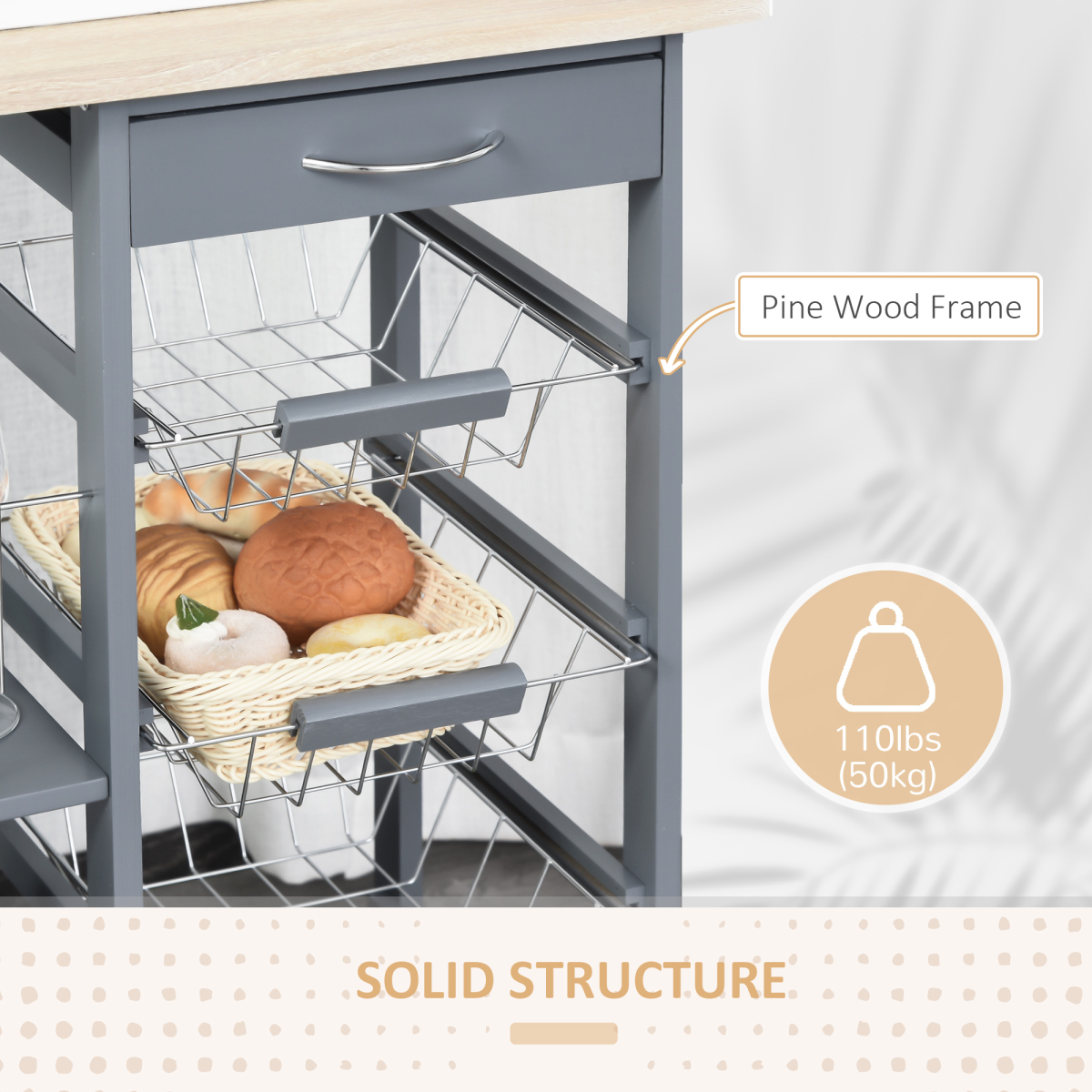 HOMCOM Kitchen Island Trolley with 4 Removable Baskets, Drawer & Side Racks – Dark Grey