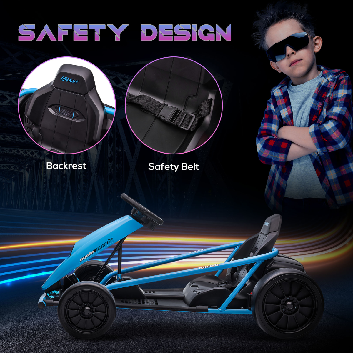 HOMCOM 24V Electric Go Kart for Kids with Music, Horn & Soft Start – Drifting Ride-On, Ages 8-12, Blue