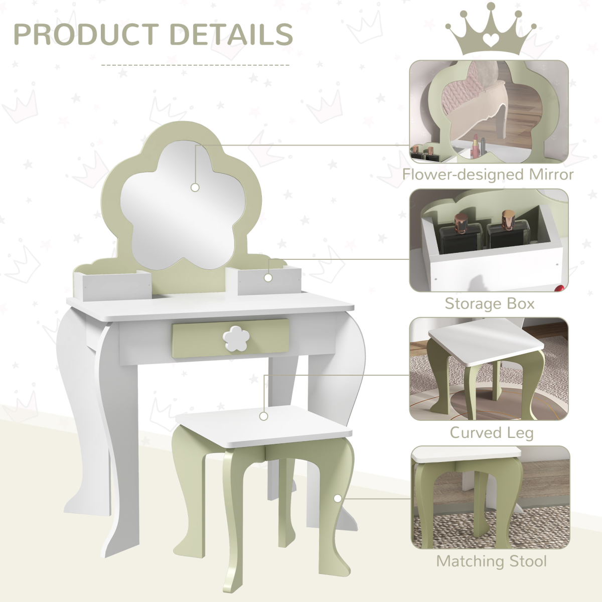 ZONEKIZ Kids Vanity Table Set with Stool, Mirror & Drawer, Flower Design – Girls Dressing Table, White