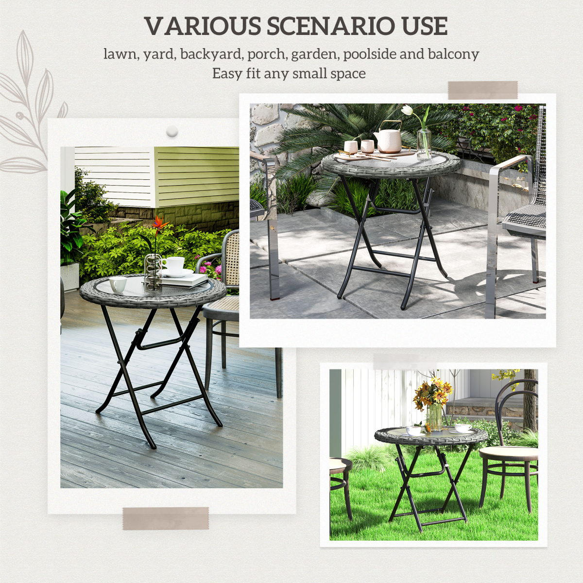 Outsunny Folding Round Garden Table with Tempered Glass Top and PE Rattan Edging – Patio Table, Grey