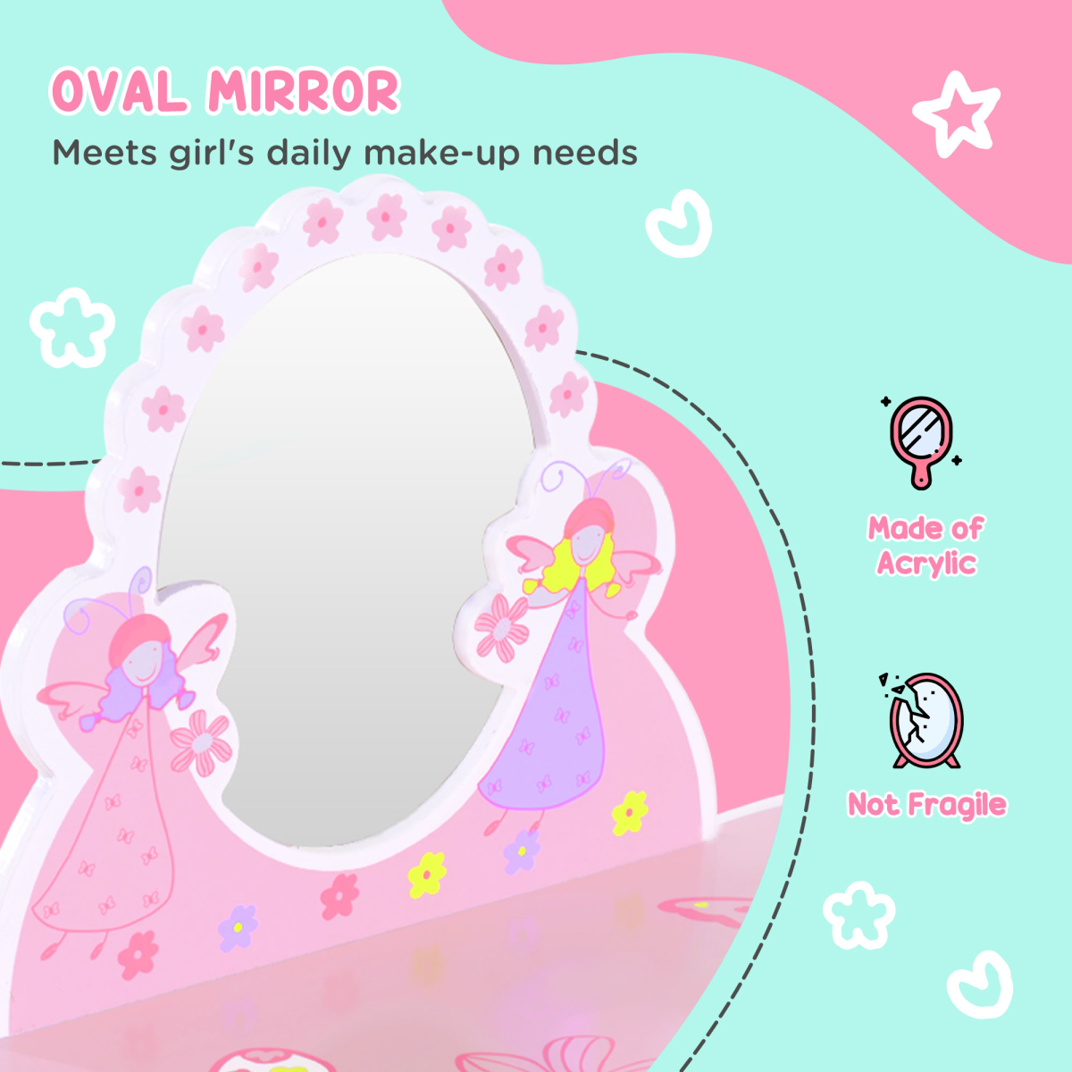 HOMCOM Kids Dressing Table and Chair Set with Mirror – Pink Make-Up Play Desk with Butterfly Patterns