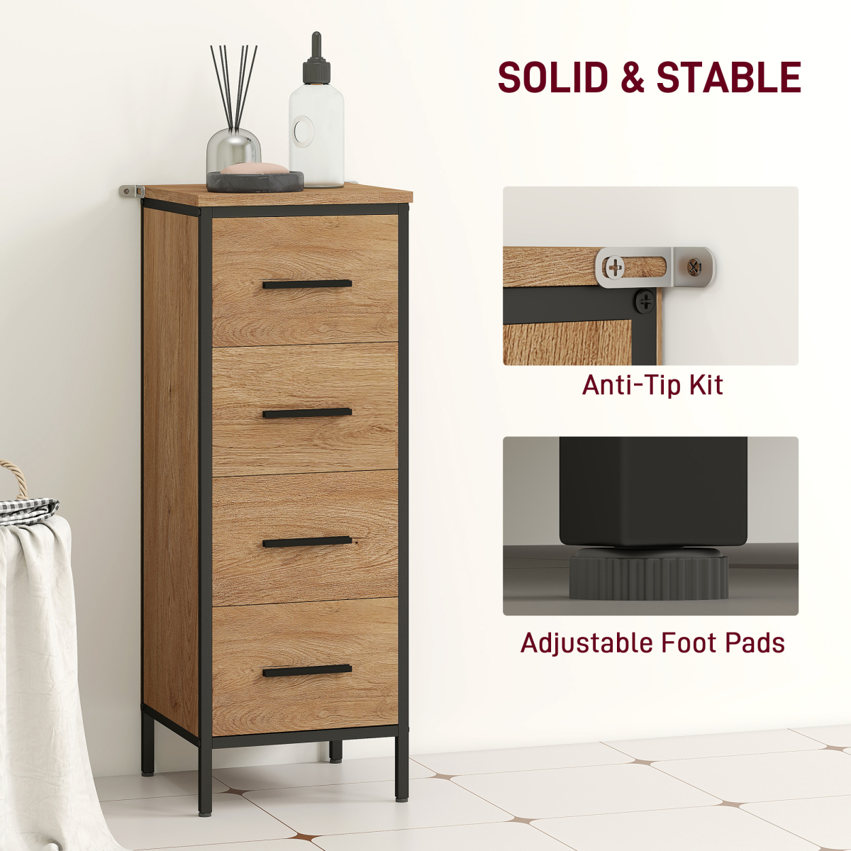 HOMCOM Narrow Bathroom Storage Cabinet with 4 Drawers – Industrial Style Space-Saving Unit, Oak