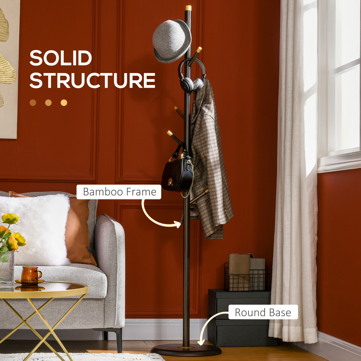 HOMCOM Bamboo Coat Stand with 6 Hooks, 180cm – Free-Standing Hall Tree with Gold-Tone Accents