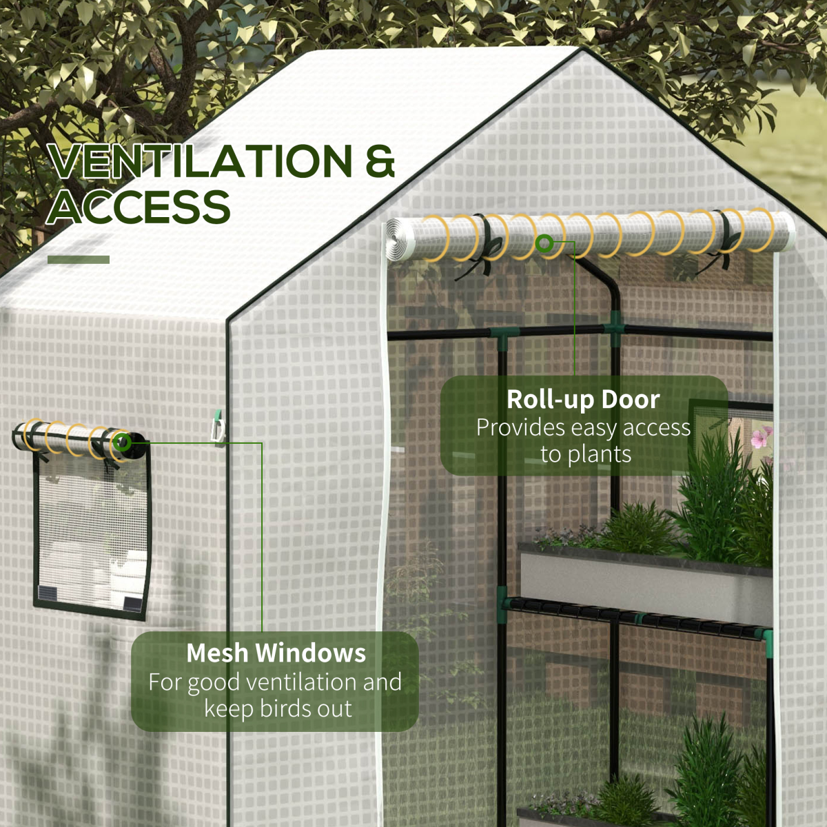 Outsunny PE Greenhouse Replacement Cover with Roll-Up Door & Mesh Windows – for 845-511, White
