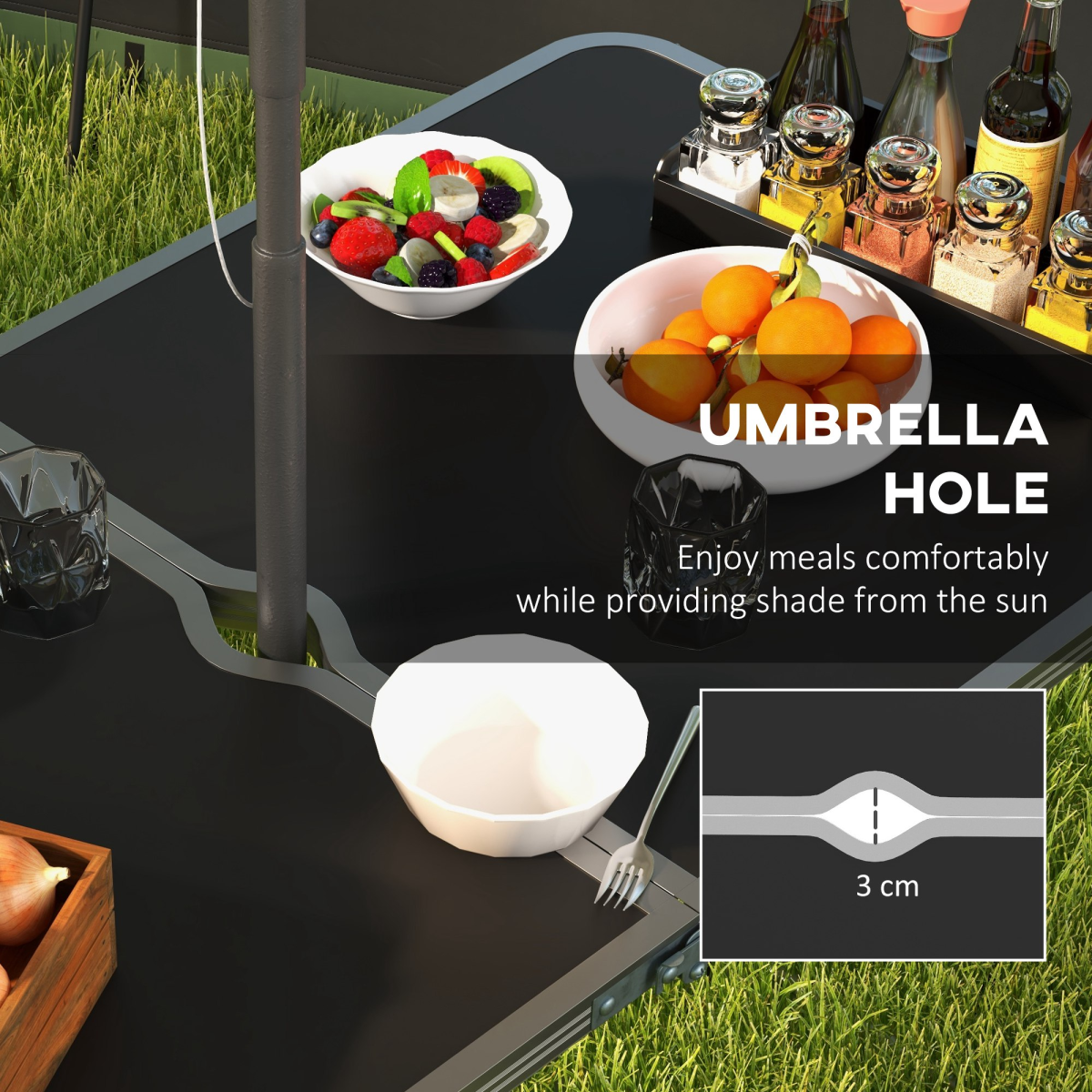 Outsunny Folding Camping Table and 4 Chairs Set with Adjustable Height & Parasol Hole – Aluminium, Black and Silver