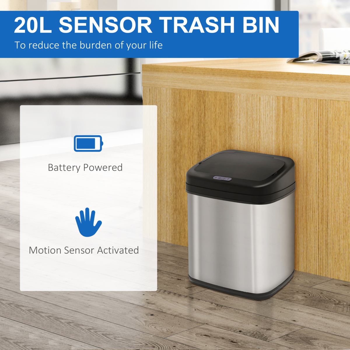 HOMCOM 20L Stainless Steel Automatic Sensor Kitchen Bin with Removable Bucket
