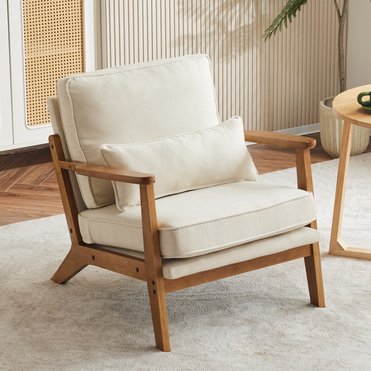 Upholstered Single Lounge Chair with Solid Wood Armrests – Mid-Century Modern Accent Armchair, Off-White