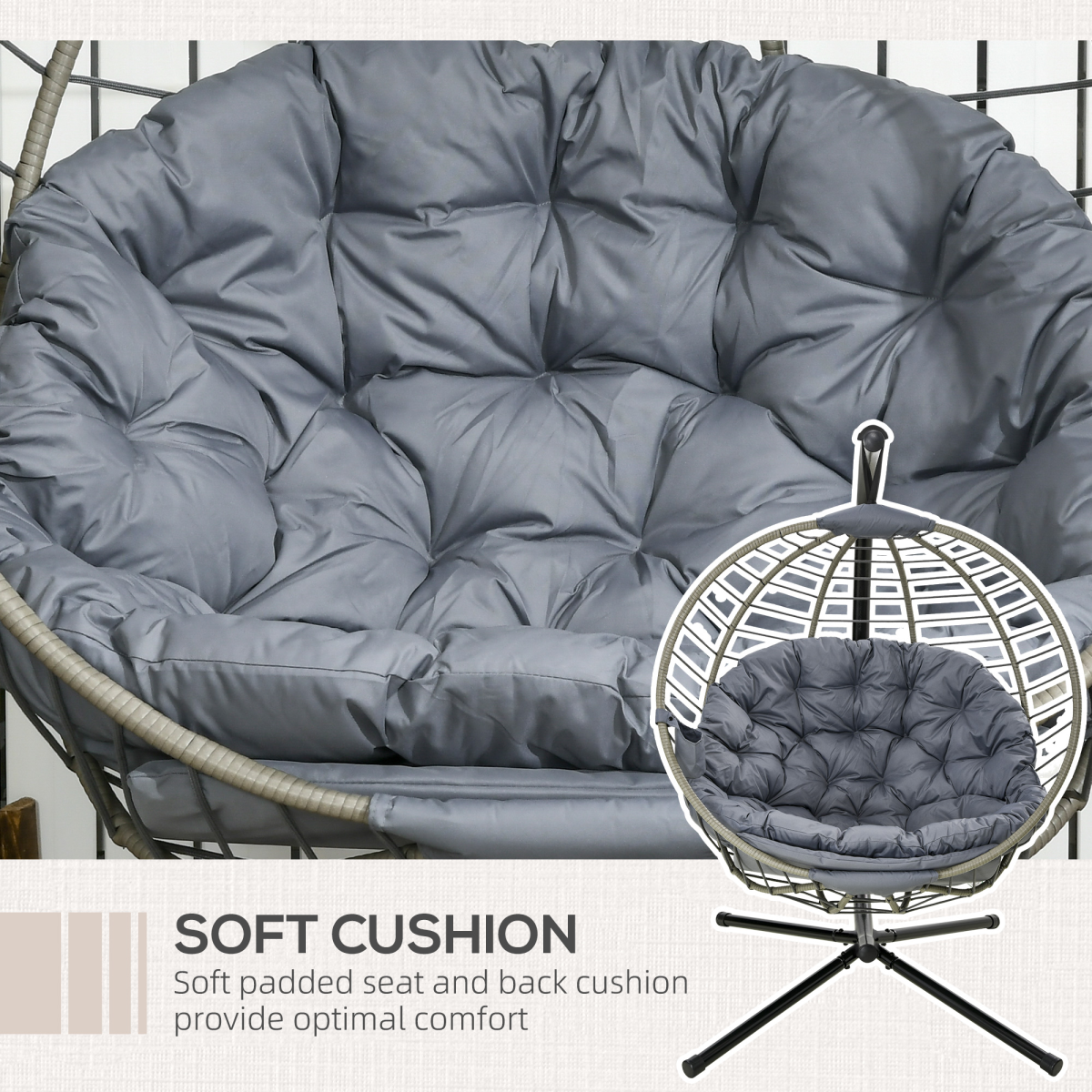 Outsunny PE Rattan Hanging Swing Chair with Stand, Padded Cushion & Cup Holder – Foldable Egg Chair, Grey
