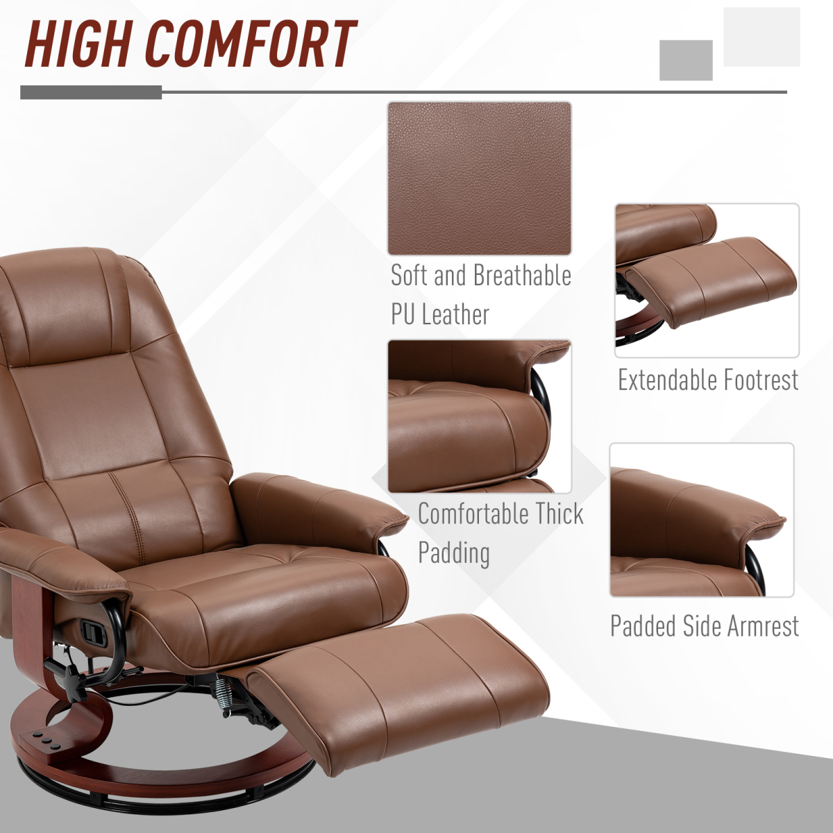 HOMCOM Office Recliner Chair with 145° Reclining Back, Manual Footrest & 360° Swivel – PU Leather, Brown