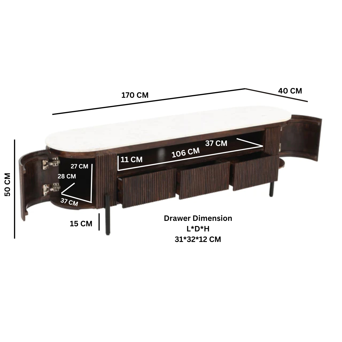 Opal Large Mango Wood TV Stand with Real Marble Top & Metal Legs – Media Unit for Wide-Screen TVs