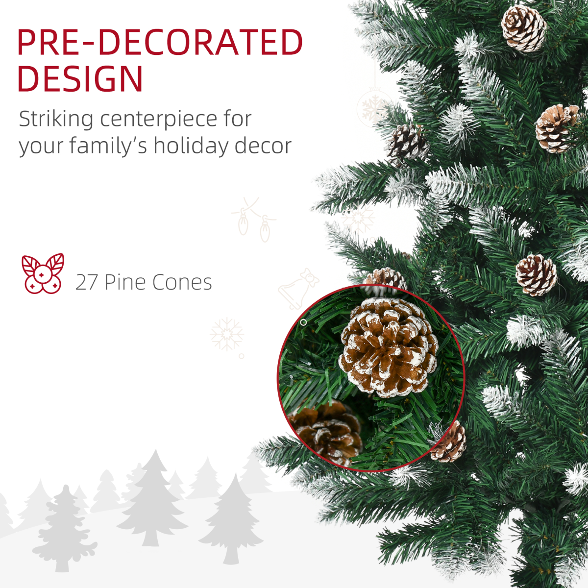 HOMCOM 5ft Snow Artificial Christmas Tree with Pine Cones, Bushy Unlit Tips & Steel Base – Holiday Home Decor