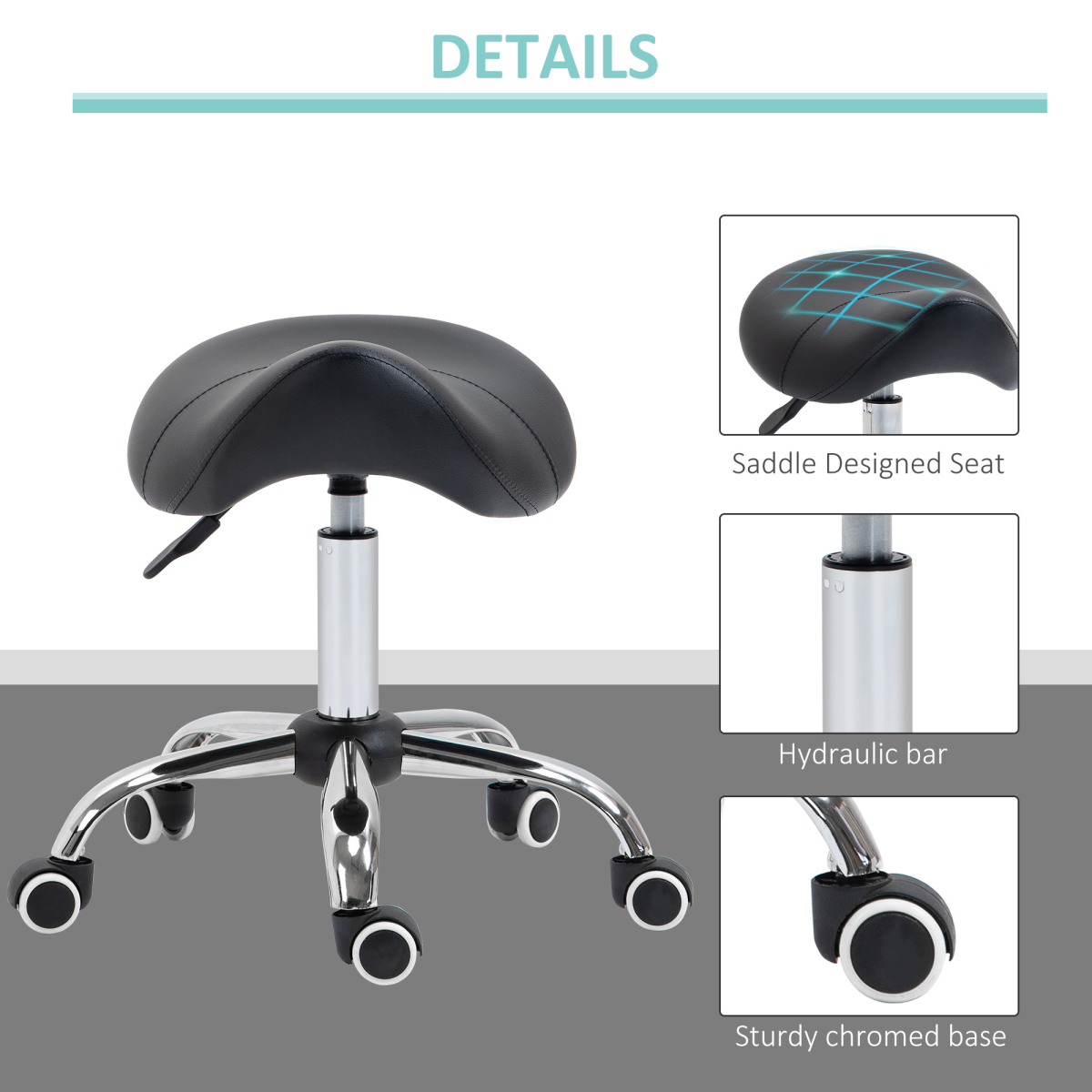 PU Leather Saddle Stool with Padded Seat & 5 Wheels – Adjustable Height Salon Stool, Black