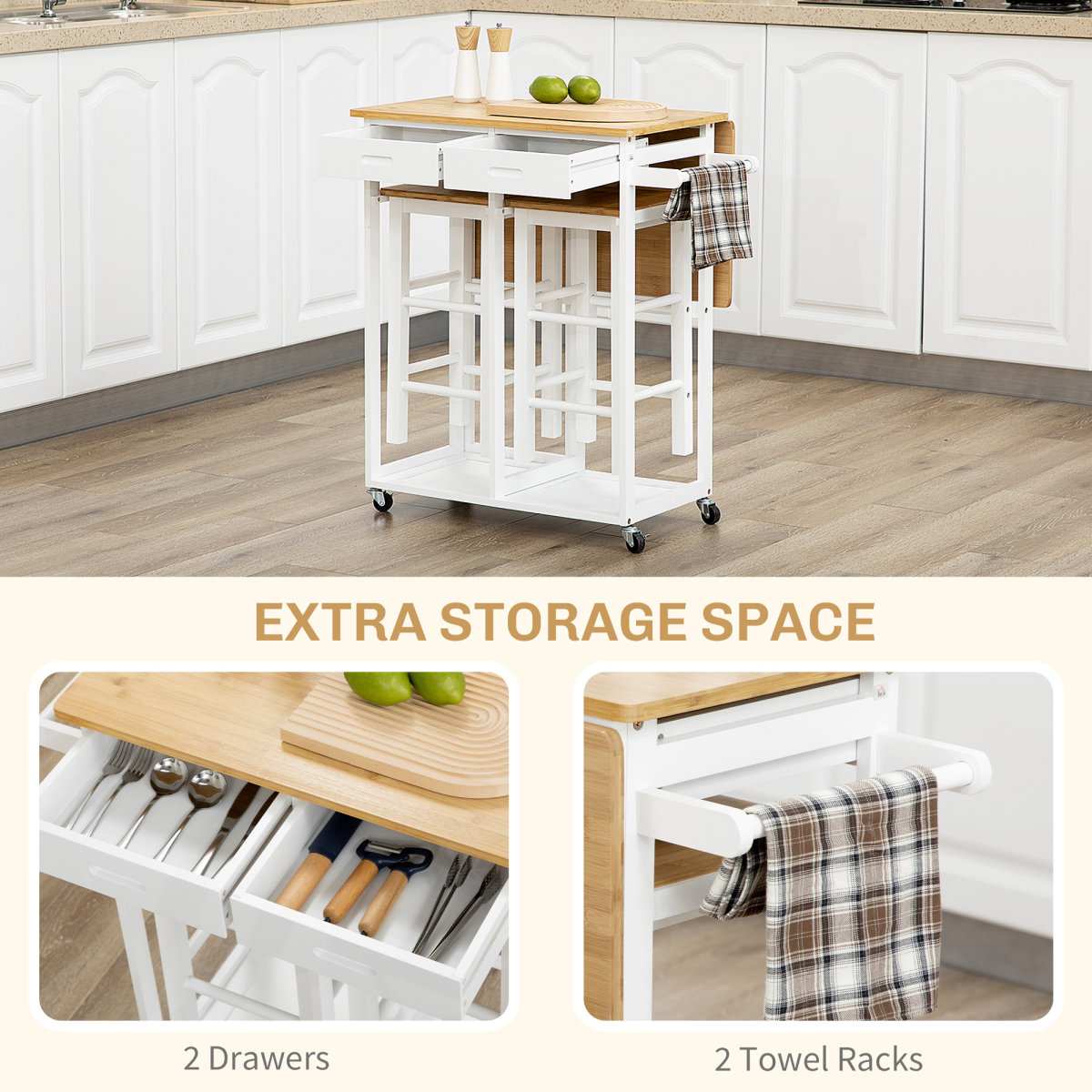 HOMCOM Bamboo Breakfast Cart Set with Drop Leaf Table & 2 Stools – Compact Kitchen Dining Set