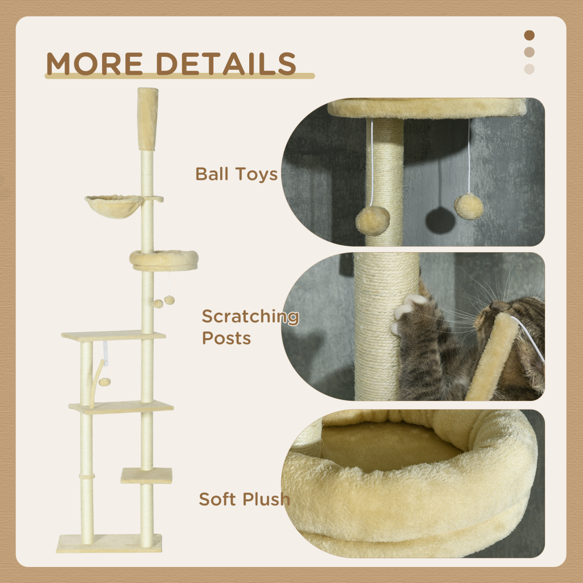 PawHut 6-Tier Floor-to-Ceiling Cat Tree with Scratching Post, Bed & Hammock – Adjustable Cat Tower, Beige