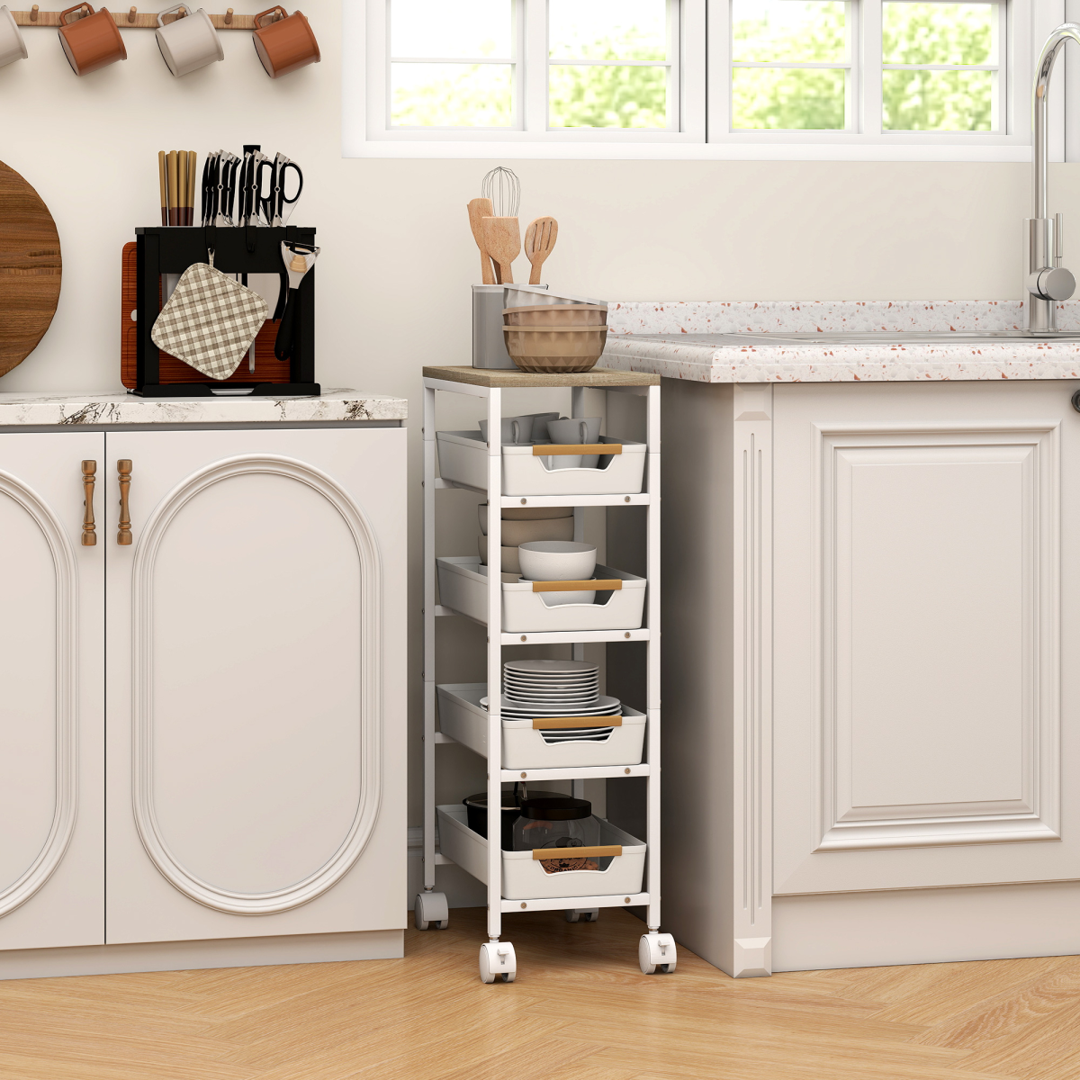 Slim 5-Tier Storage Trolley with 4 Drawers and Wheels – Rolling Organiser Cart, White and Oak