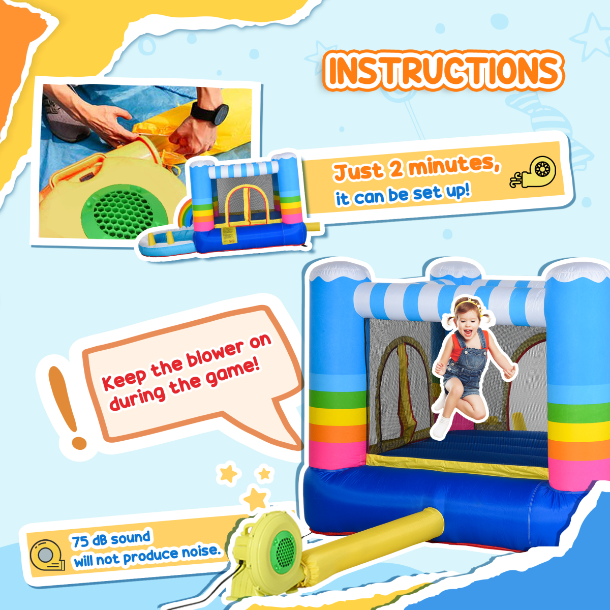 Kids Inflatable Bouncy Castle with Pool, Trampoline, Safety Net & Blower – Outdoor Rainbow Play for Ages 3-8