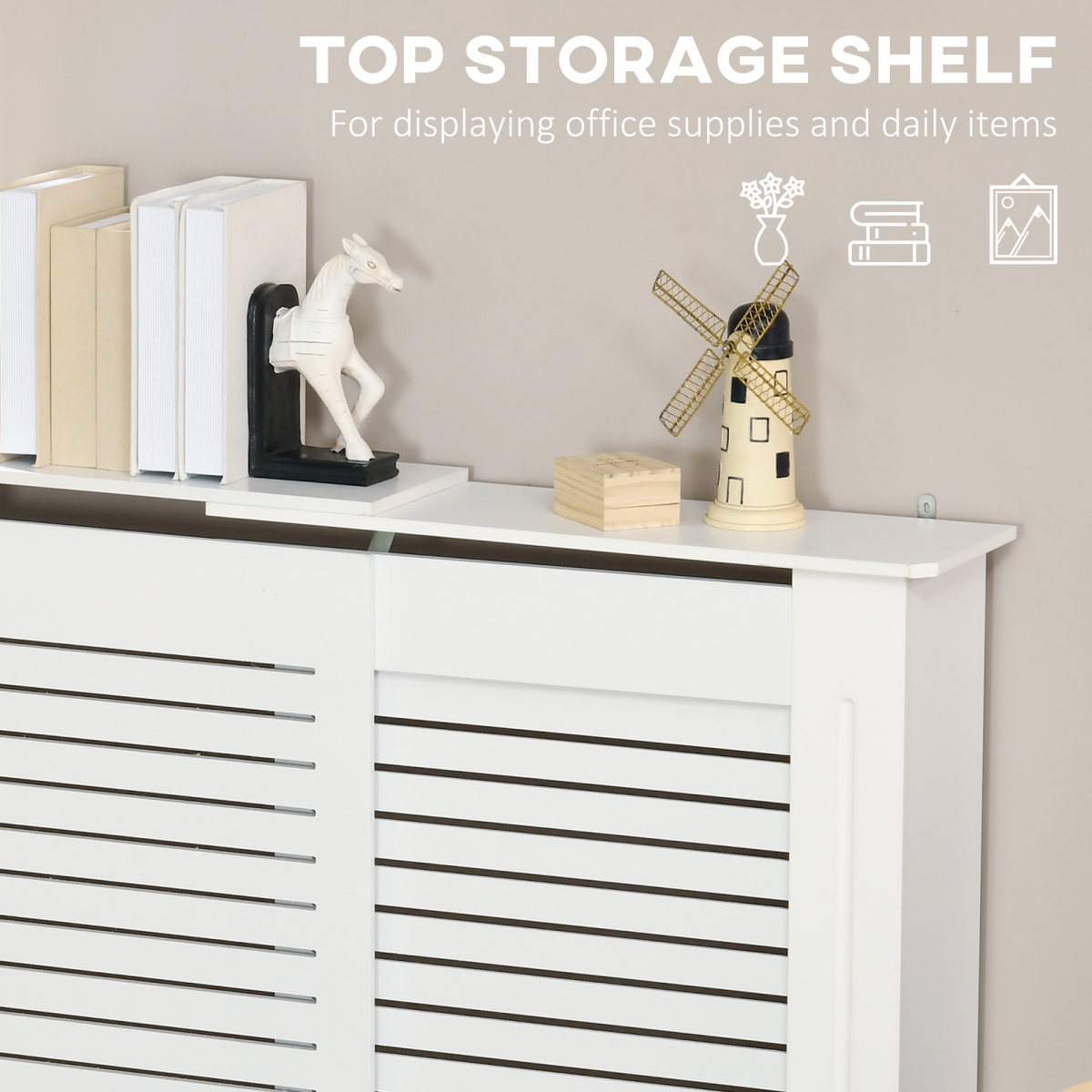 Slatted MDF Radiator Cover Cabinet with Display Top – Hide Radiators & Pipes in Living Rooms and Hallways