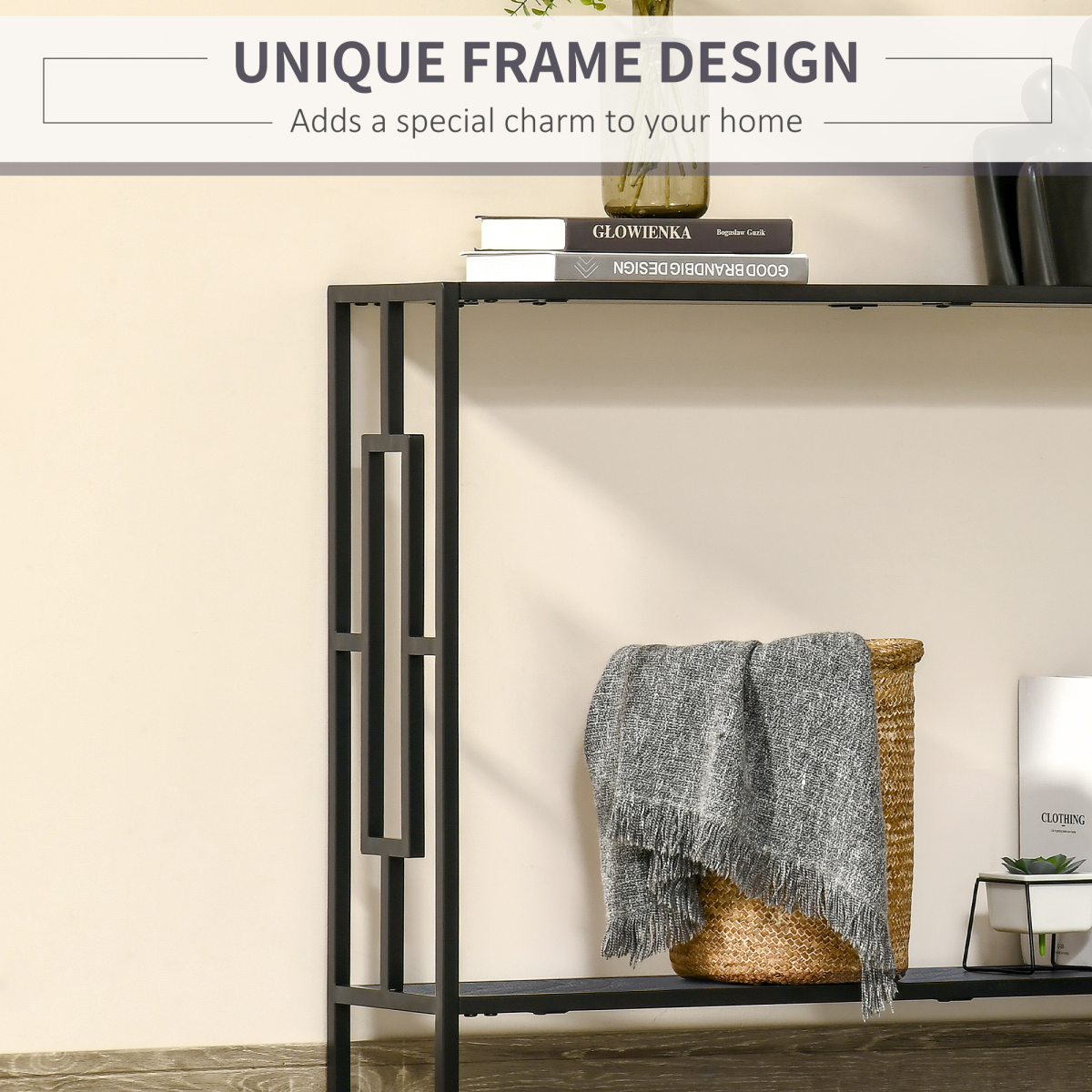HOMCOM Art Deco Console Table with 2 Shelves & Steel Frame – Slim Hallway & Living Room Display