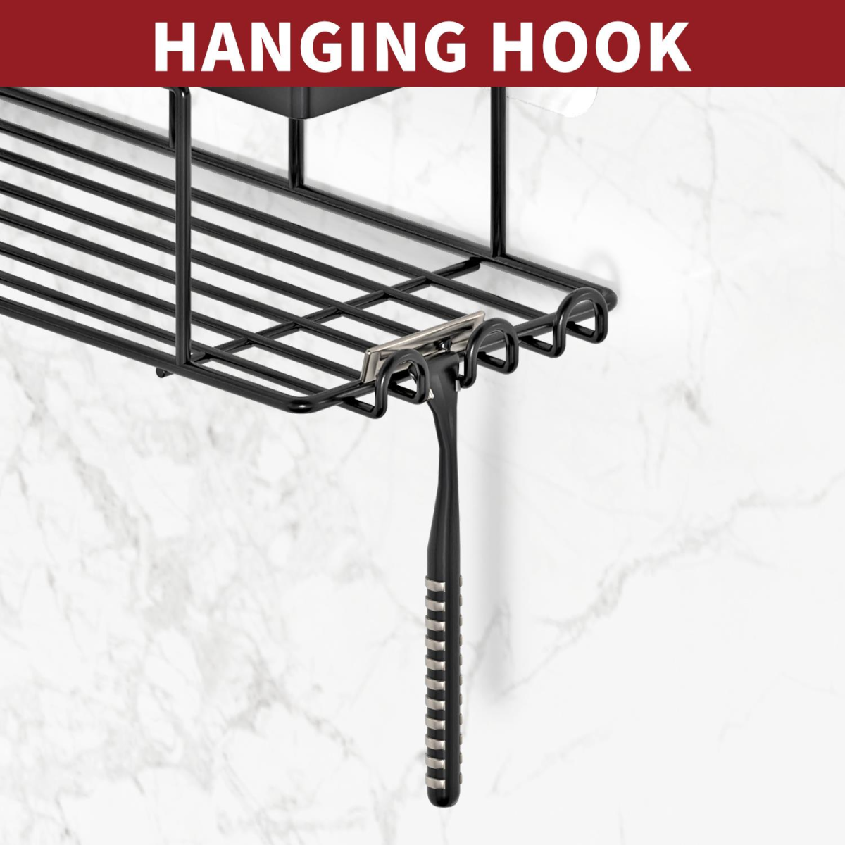 Vinsani 3-Piece Corner Shower Caddy with 6 Hooks & Soap Holder, Rustproof Stainless Steel – No Drilling, Black