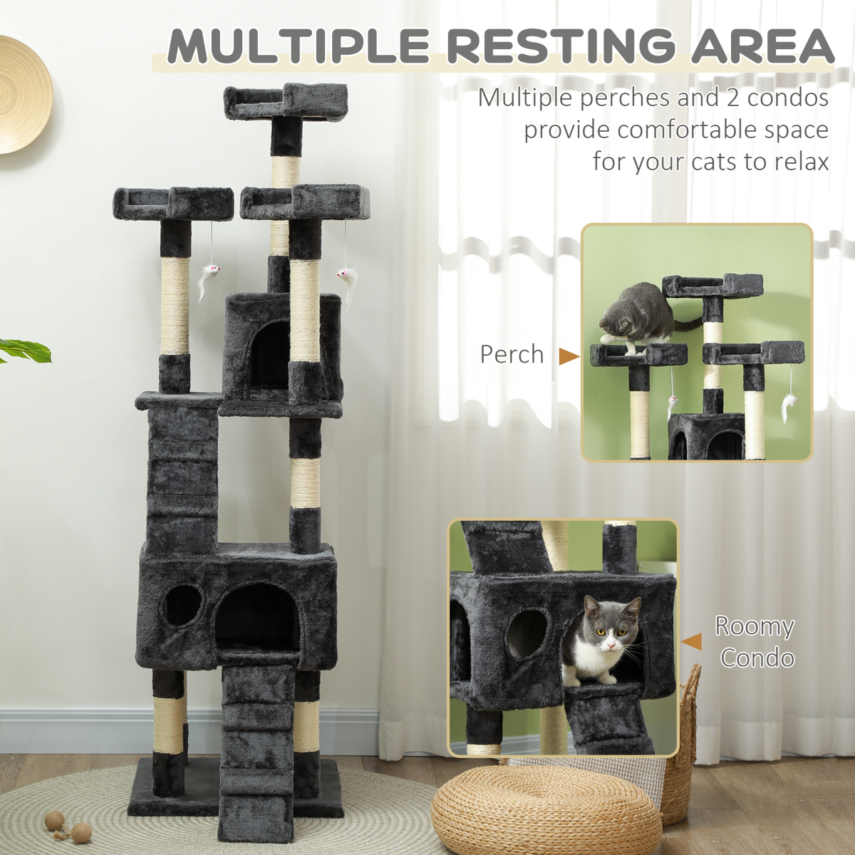 PawHut Tall Cat Tree Activity Centre with Condos, Perches, Sisal Scratching Post and Dangling Toys, 170 cm, Grey