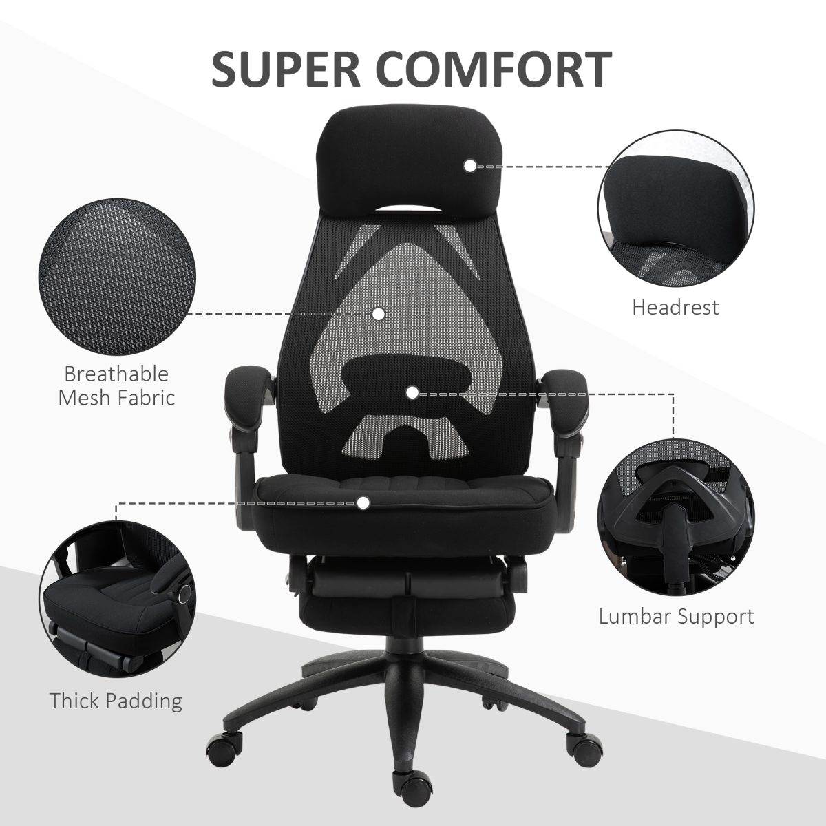 Vinsetto Reclining Swivel Office Chair with Footrest, Mesh Back & 165° Recline – Home Office Nap Chair