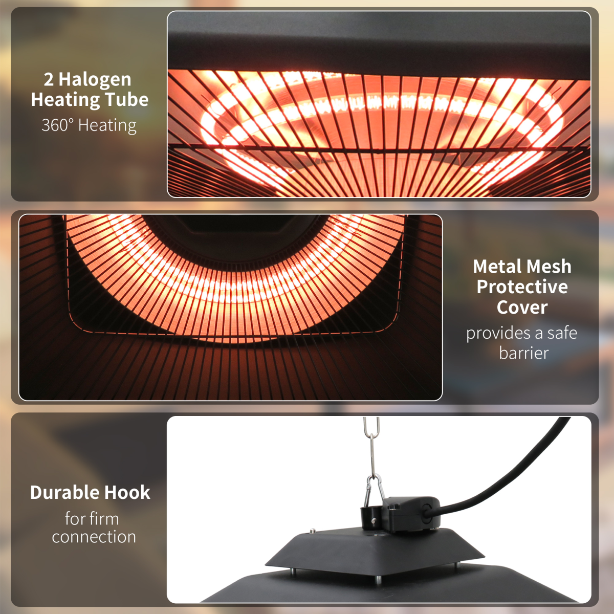 Outsunny 2kW Electric Hanging Patio Heater with LED Halogen Light and Remote – Outdoor Heating, Black