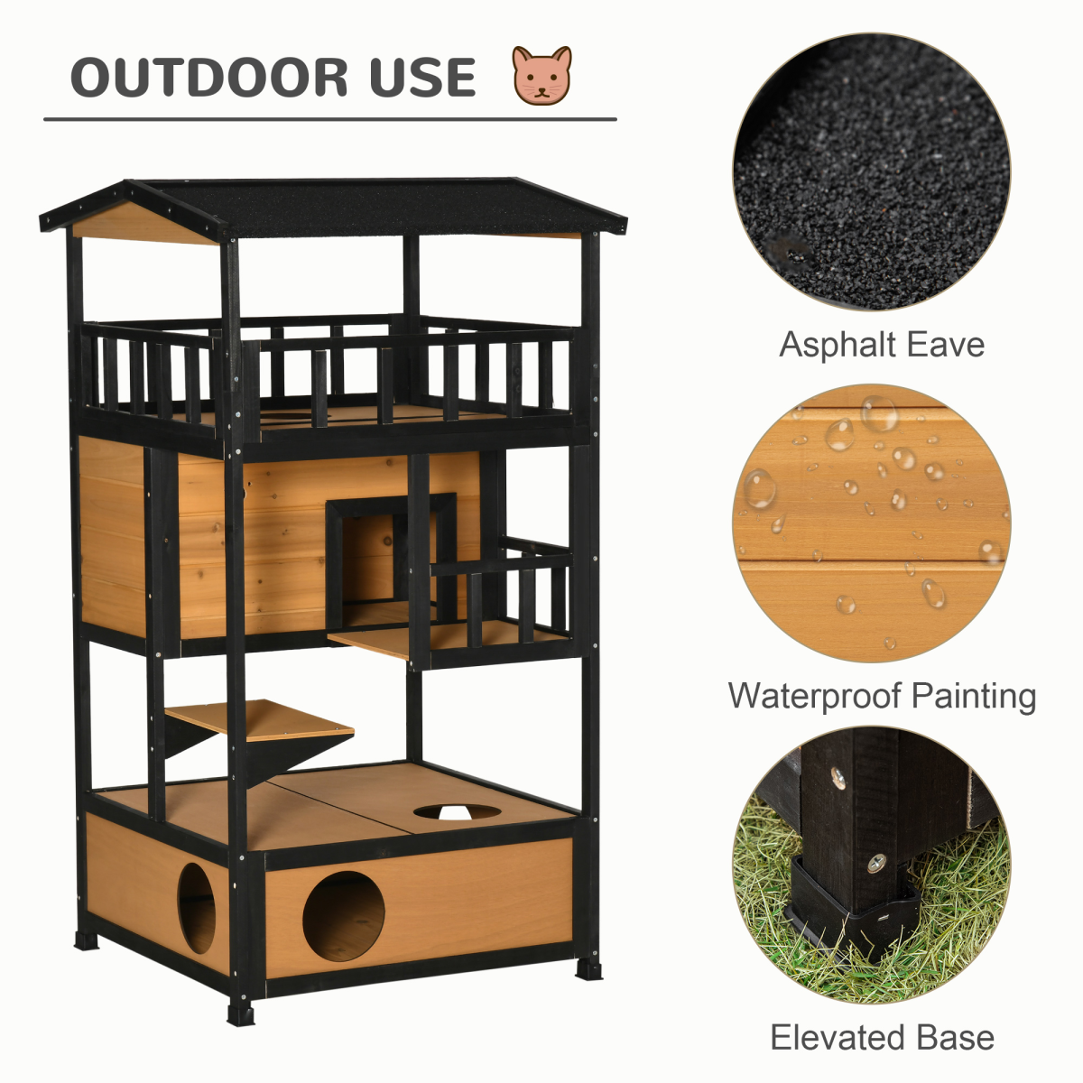 PawHut Wooden Outdoor Cat House with 3 Tiers, Tilted Roof and Balconies – Kitten Shelter, Yellow