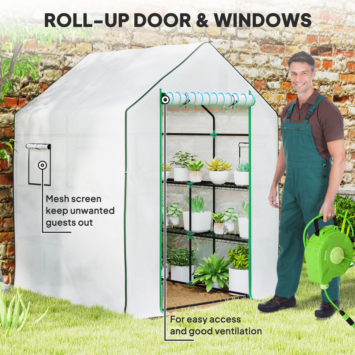 Outsunny Walk-in Greenhouse with 8 Wire Shelves, Roll-up Door & Mesh Windows – Outdoor Plant House, White