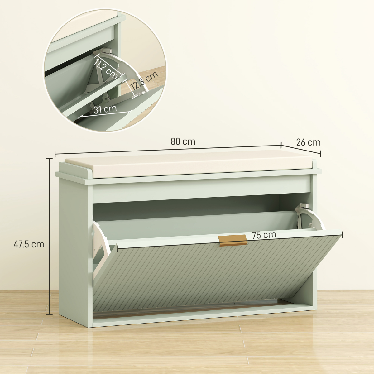 Shoe Storage Bench with Cushioned Seat & Drawer for 8 Pairs – 80cm Hallway Shoe Cabinet, Green and Beige