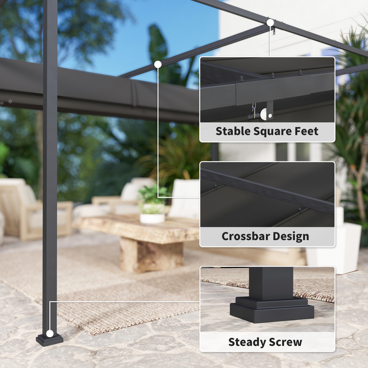 Outsunny 4 x 3m Metal Pergola Gazebo with Retractable Canopy – Patio Sun Shelter, Black