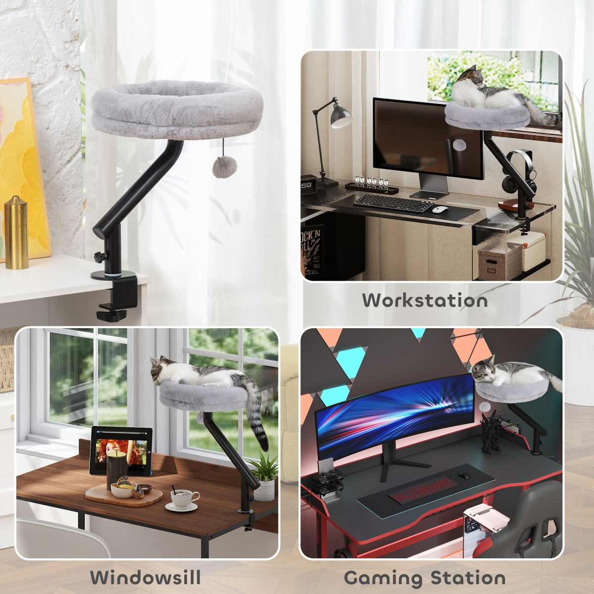 PawHut Cat Bed for Desk with 360° Rotation, Adjustable Clamp-On Cat Hammock Nest & Teaser Ball, Grey