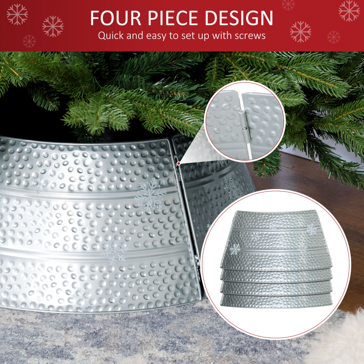 HOMCOM 66cm Christmas Tree Collar with Hollow Snowflake Patterns – Steel Tree Skirt Alternative, Silver