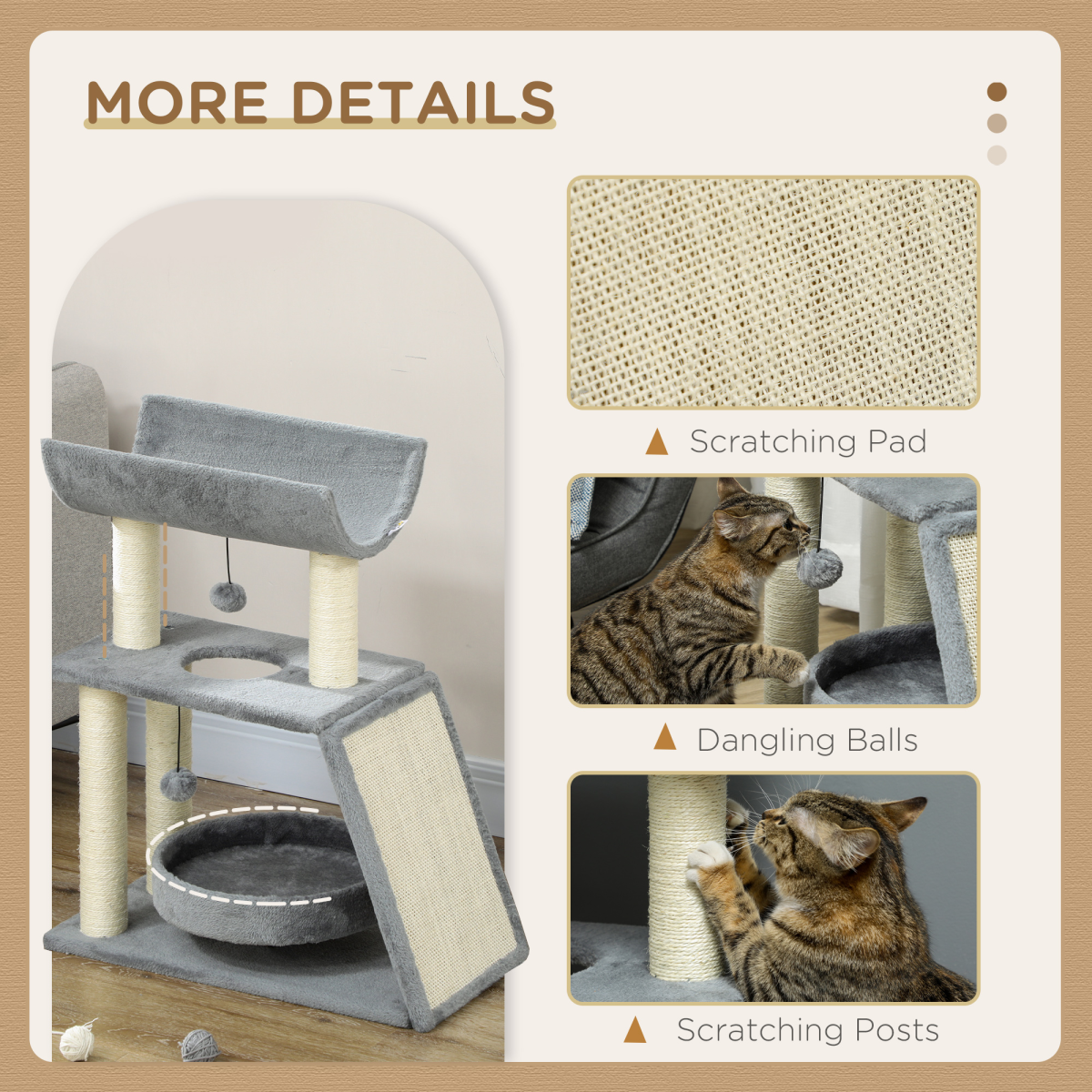 Cat Tree Tower for Indoor Cats with Scratching Posts, Padded Bed and Toy Ball – Light Grey