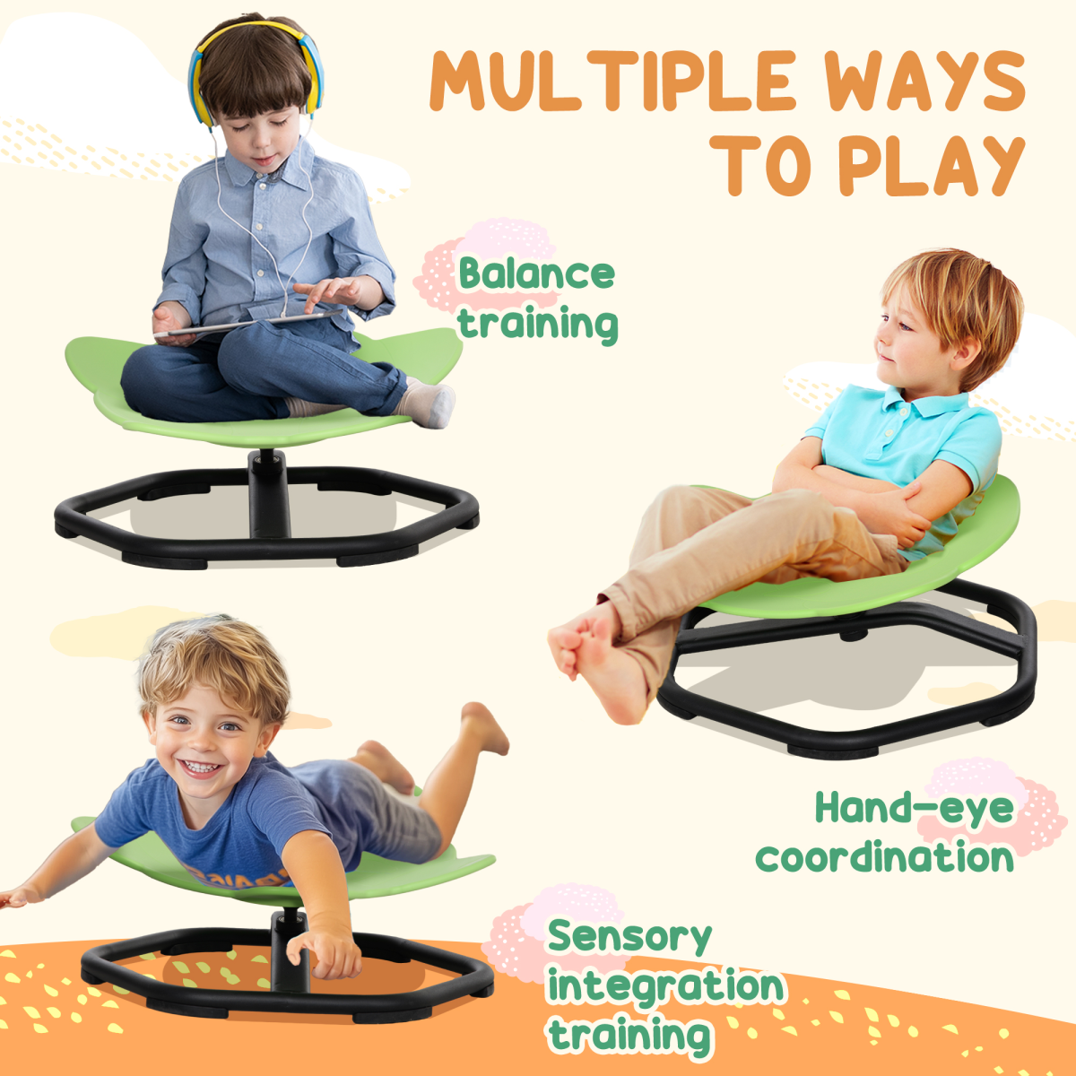 AIYAPLAY Kids Sensory Spinning Chair with Multiple Spinning Modes and Non-Slip Base – Balance & Coordination, Green