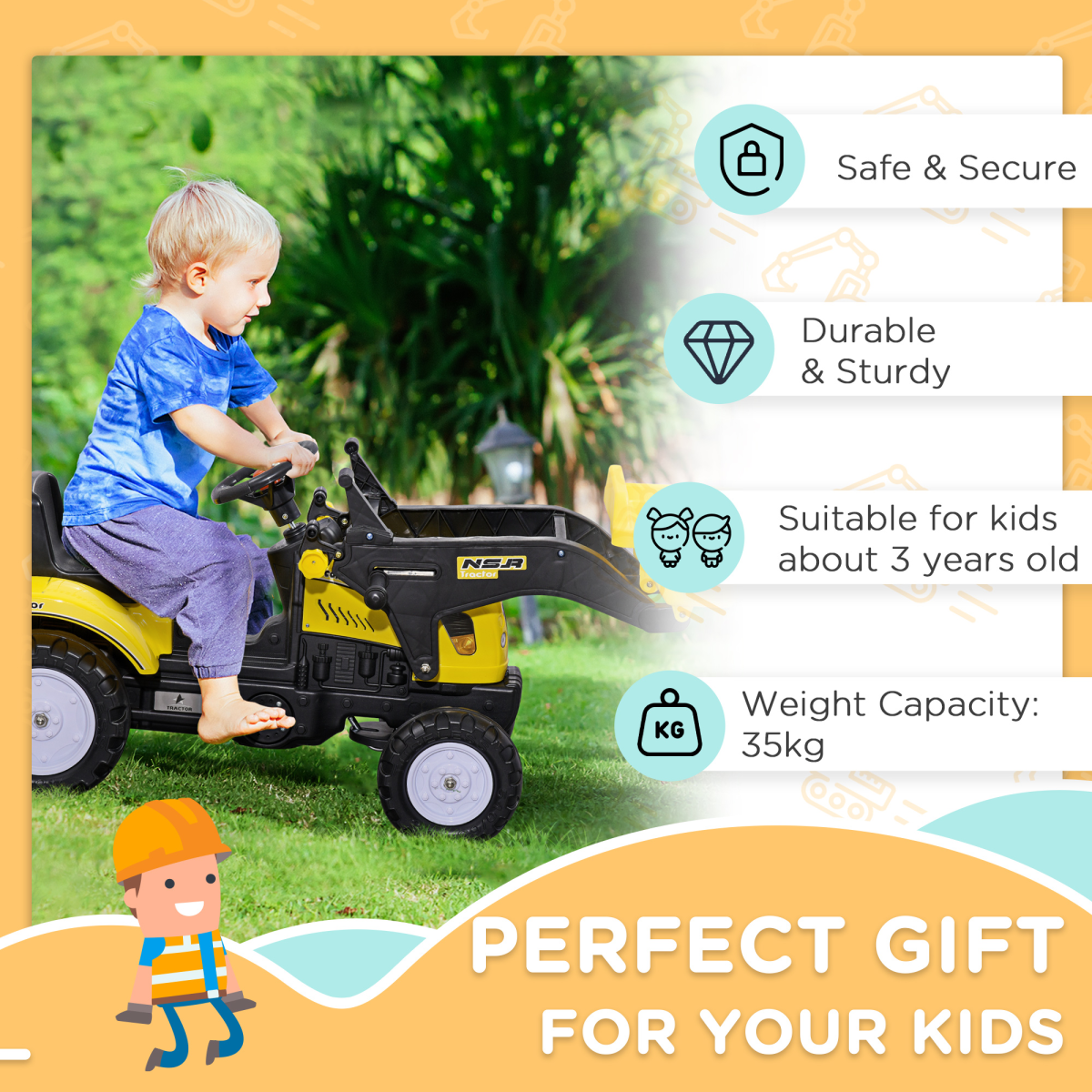 HOMCOM Pedal Go Kart Ride-On Excavator with Metal Frame, Hand Brake & Front Digger – Kids Toy, Yellow and Black