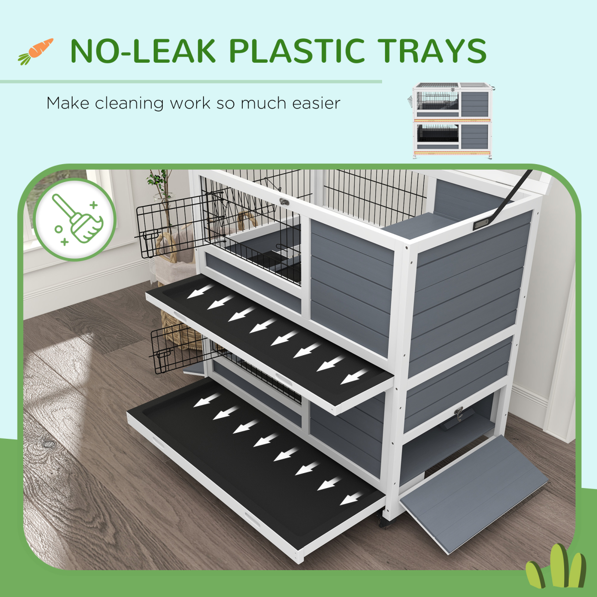 PawHut Two-Tier Indoor Rabbit Hutch with Feeding Trough, Slide-Out Trays and Wheels – White and Grey