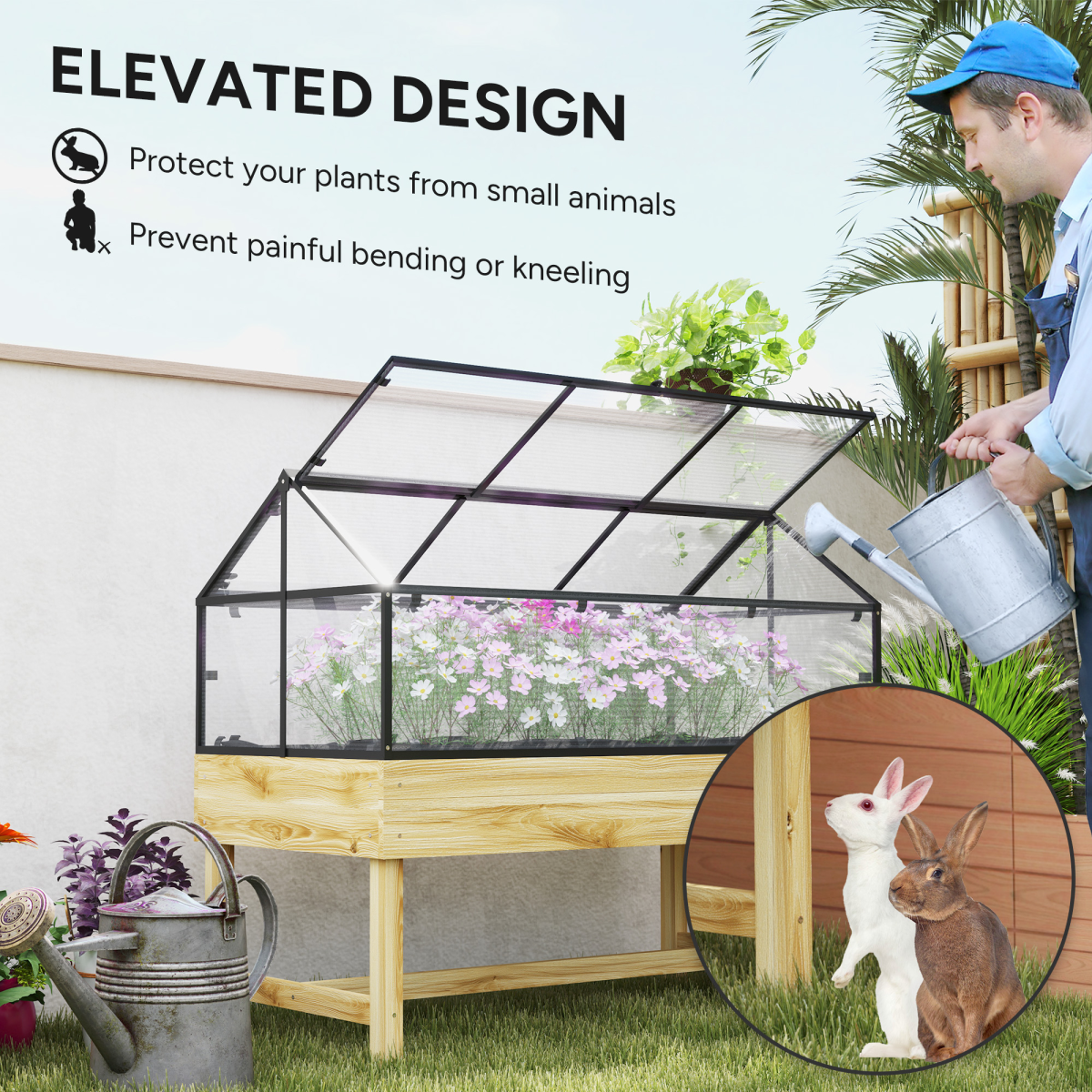 Outsunny Elevated Raised Garden Bed with Polycarbonate Grow House Cover & Flip-Up Windows – Year-Round Growing