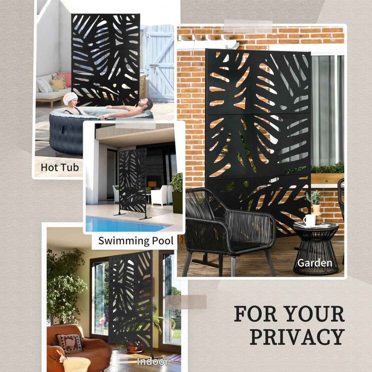 Outsunny Metal Garden Privacy Screen with Stand – 3 Panel Leaf Design Trellis, Black