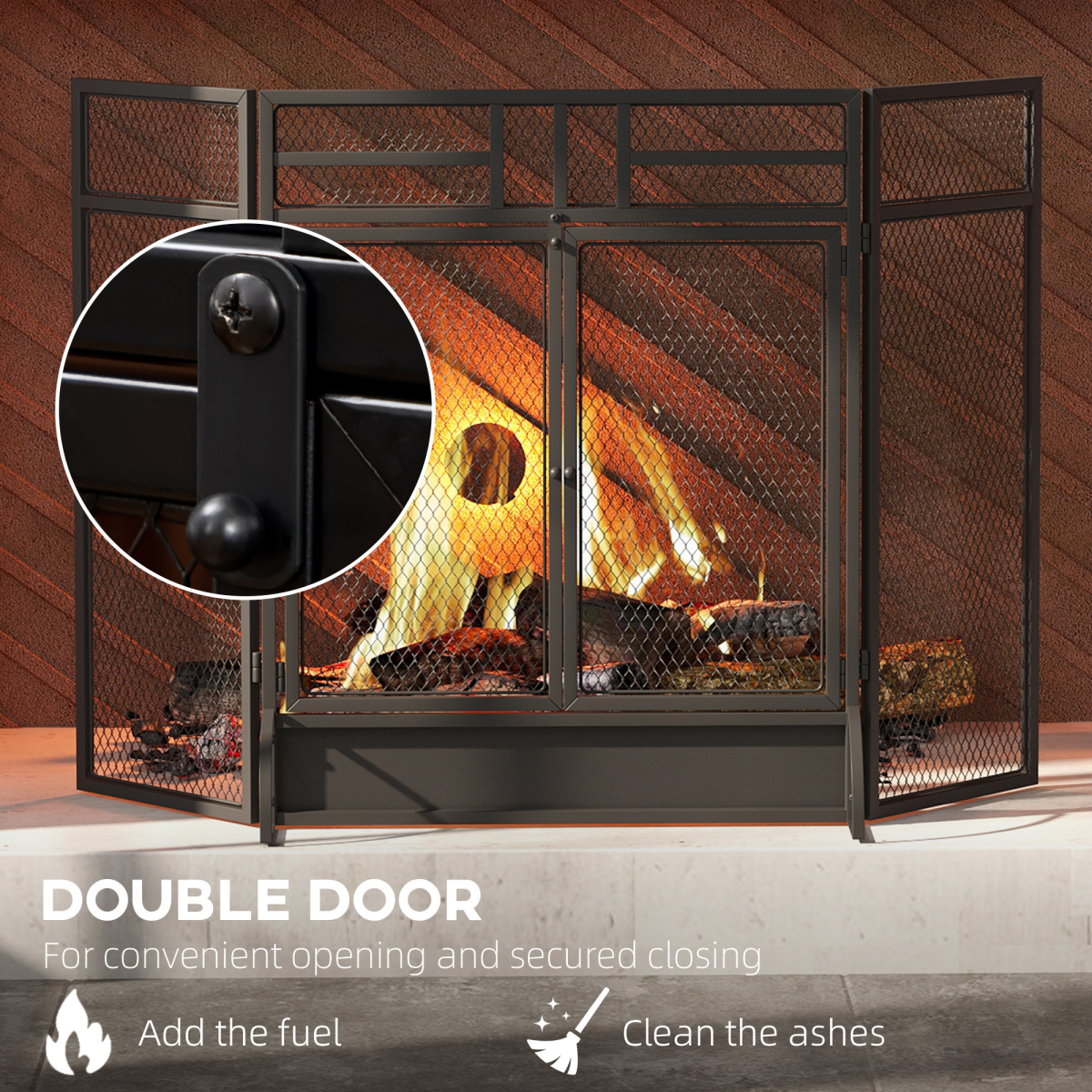 HOMCOM 3-Panel Folding Fireplace Screen with Spark Guard and Metal Mesh Fireguard – Double Access Door, Black