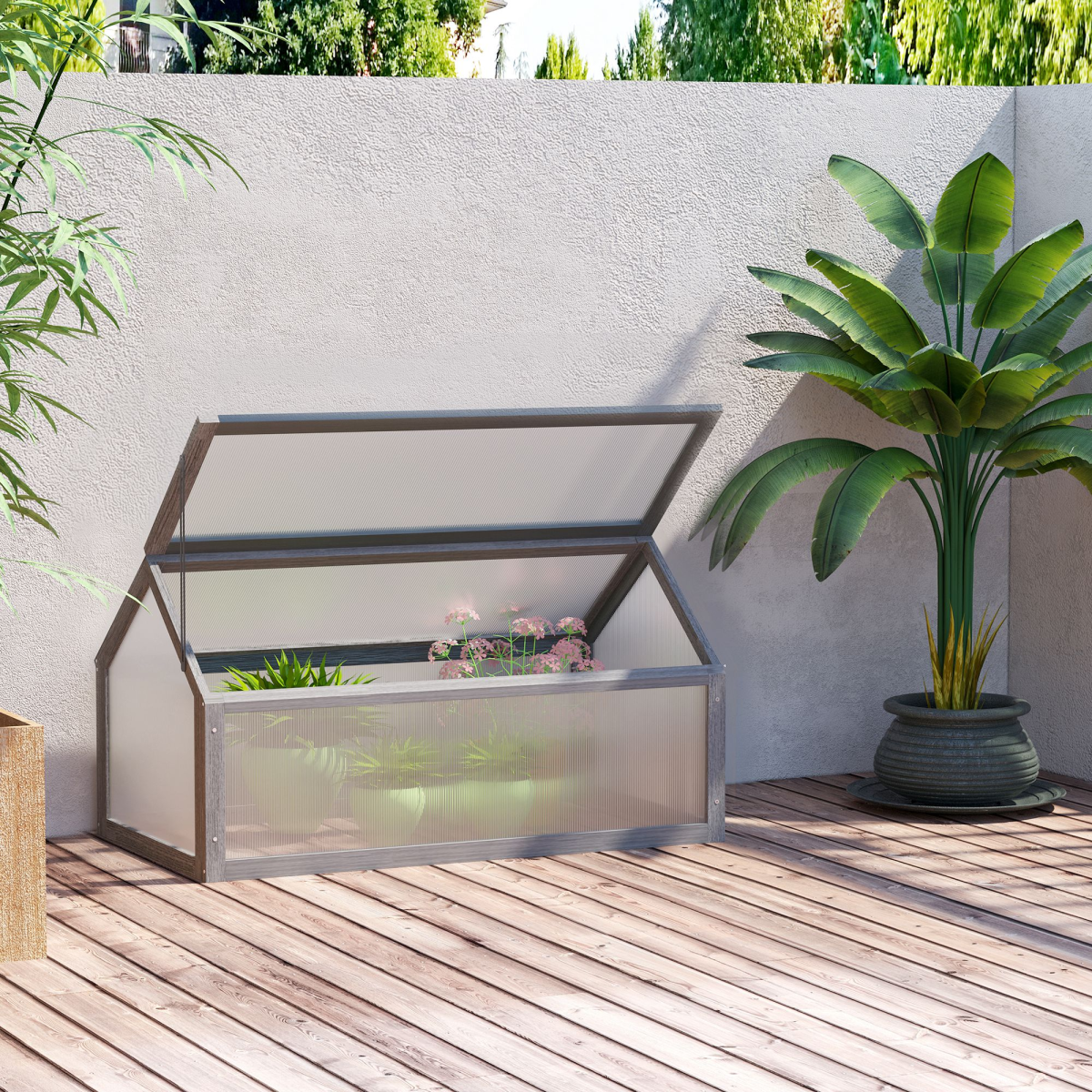 Wooden Cold Frame Greenhouse with Polycarbonate Panels & Adjustable Roof – Portable Garden Planter, Grey