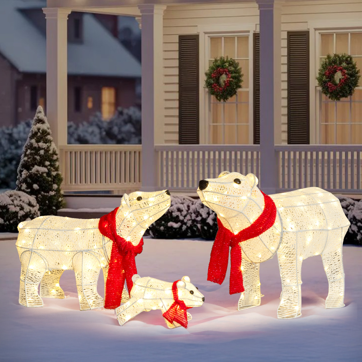 Set of 3 Lighted Polar Bear Family Christmas Decorations with 190 Warm White Lights – Indoor & Outdoor Display