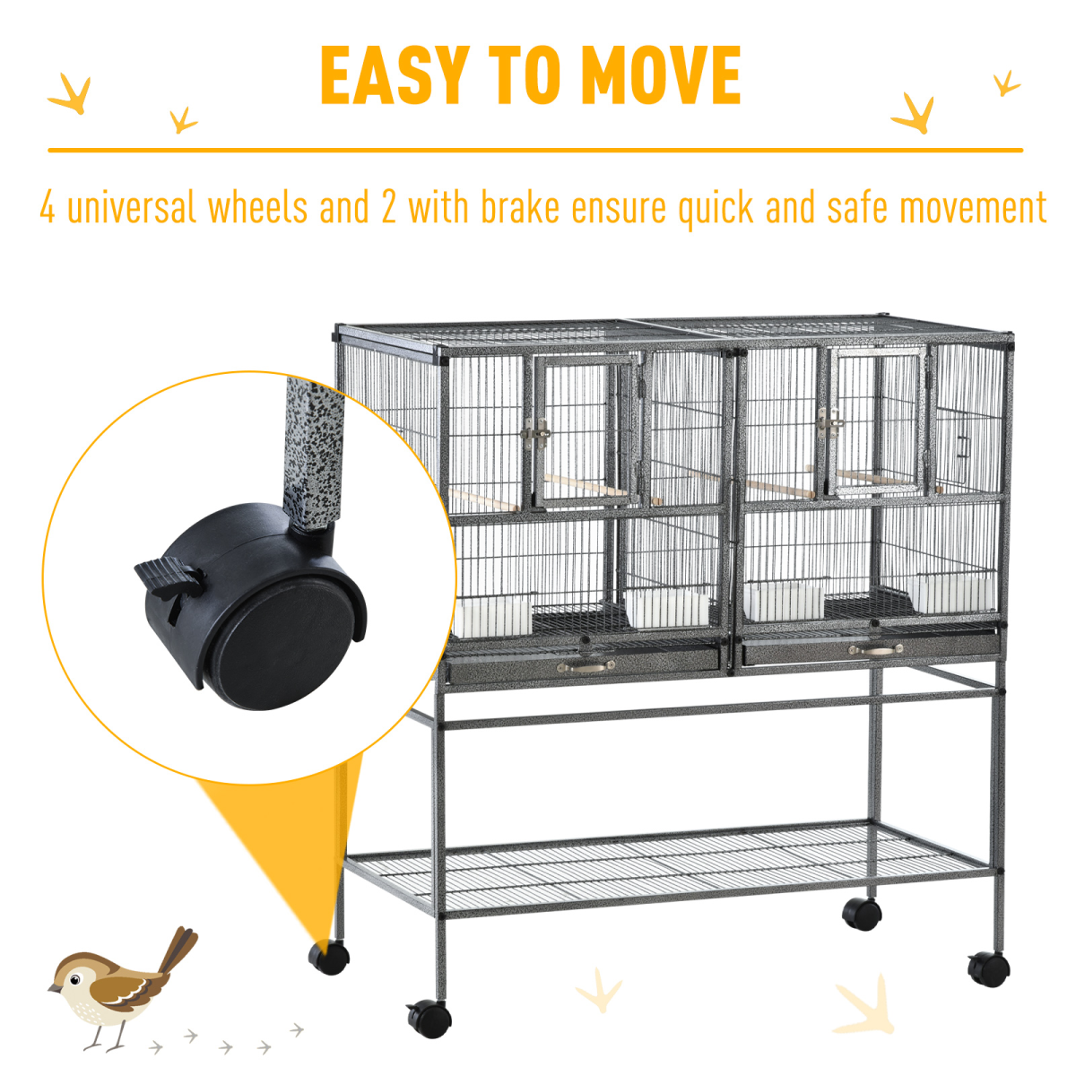 Large Rolling Bird Cage with Stand, 4 Perches and Food Bowls – Divisible Aviary for Finches and Canaries