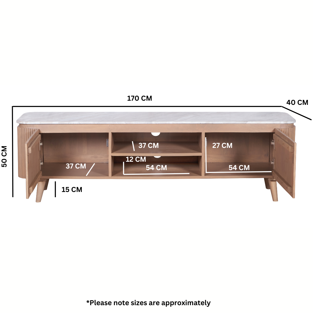 Ashford Natural Marble & Wood Large TV Cabinet, 170cm – Media Storage Unit with Spacious Top