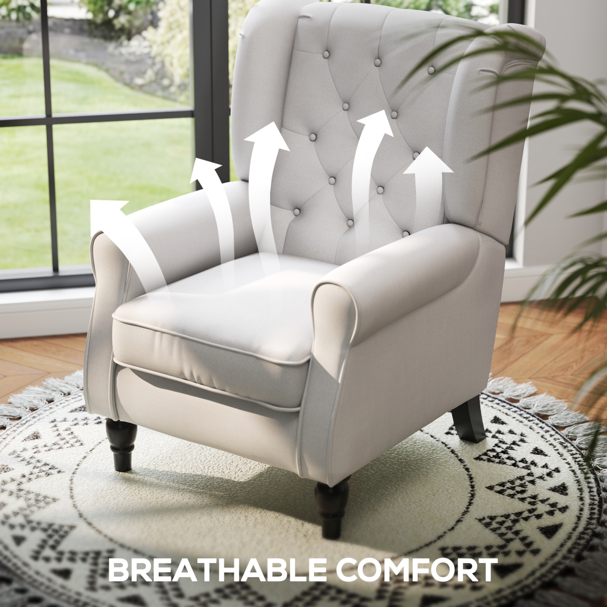 HOMCOM Retro Tufted Club Armchair with Piped Arms and Solid Wood Legs – Accent Chair, Cream White Fabric