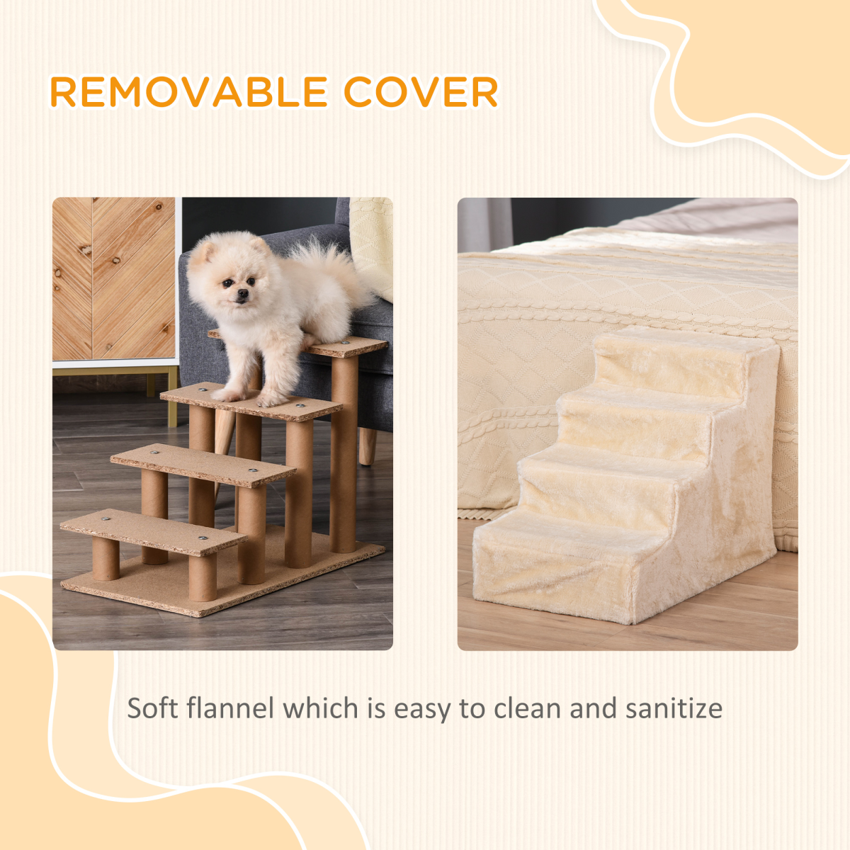 Four-Step Pet Stairs with Soft Flannel Removable Cover – Pet Steps for Cats and Small Pets, Beige