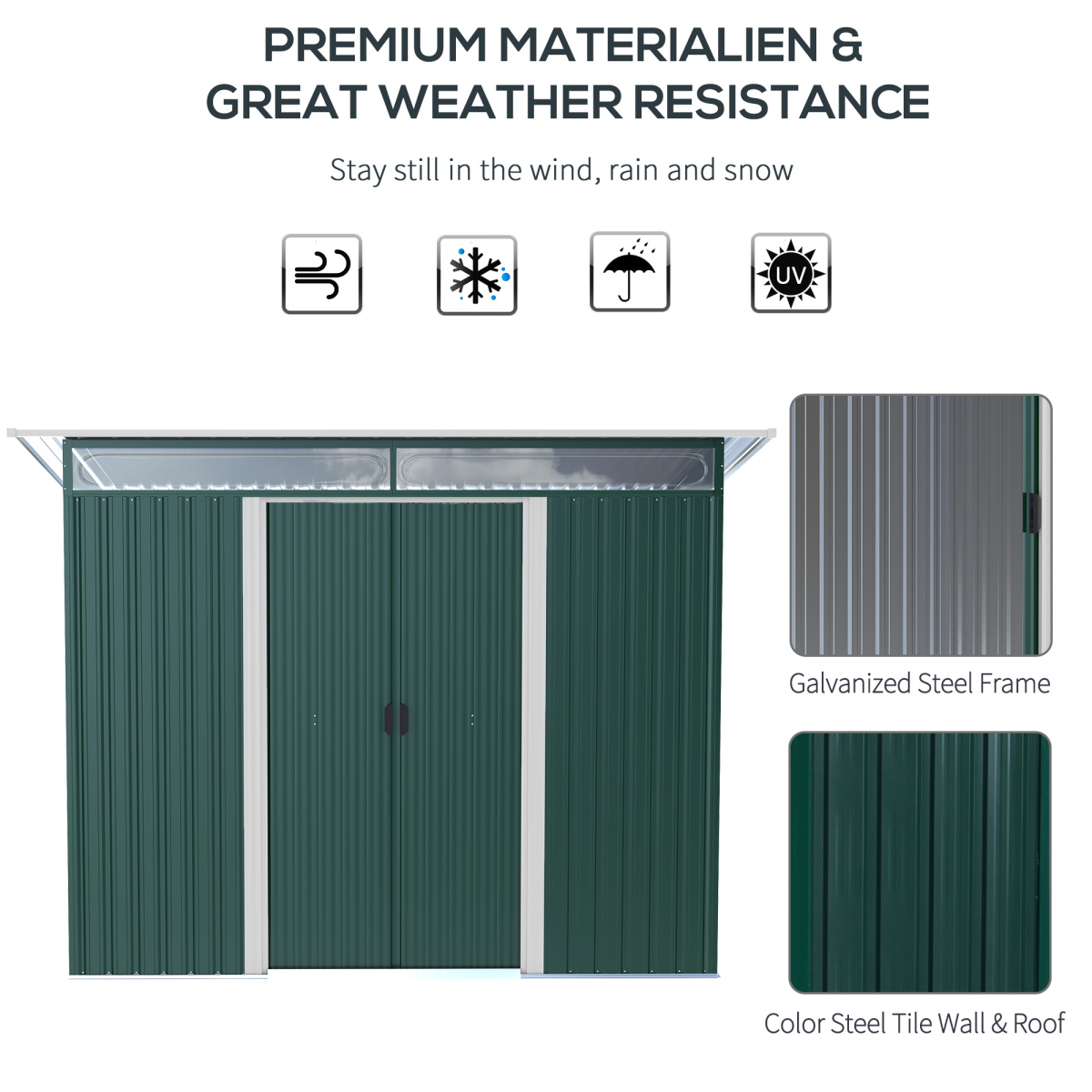Outsunny Pent Roof Metal Garden Shed with Foundation & Sliding Door, 260 x 133 x 200cm – Green